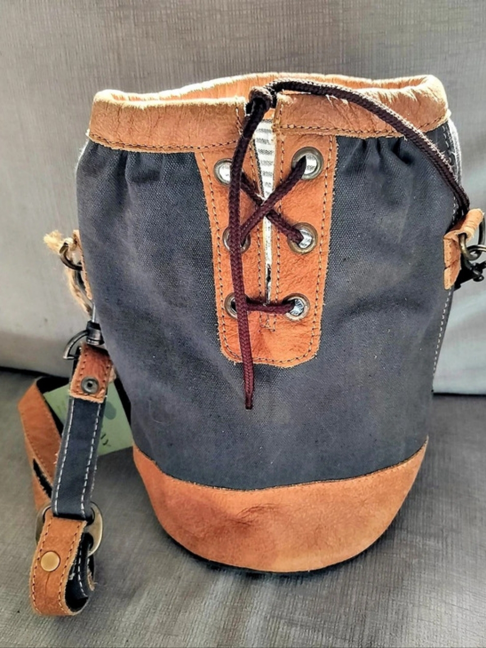 Clea Ray Small Gray & Brown Canvas & Leather Drawstring Crossbody Bag
